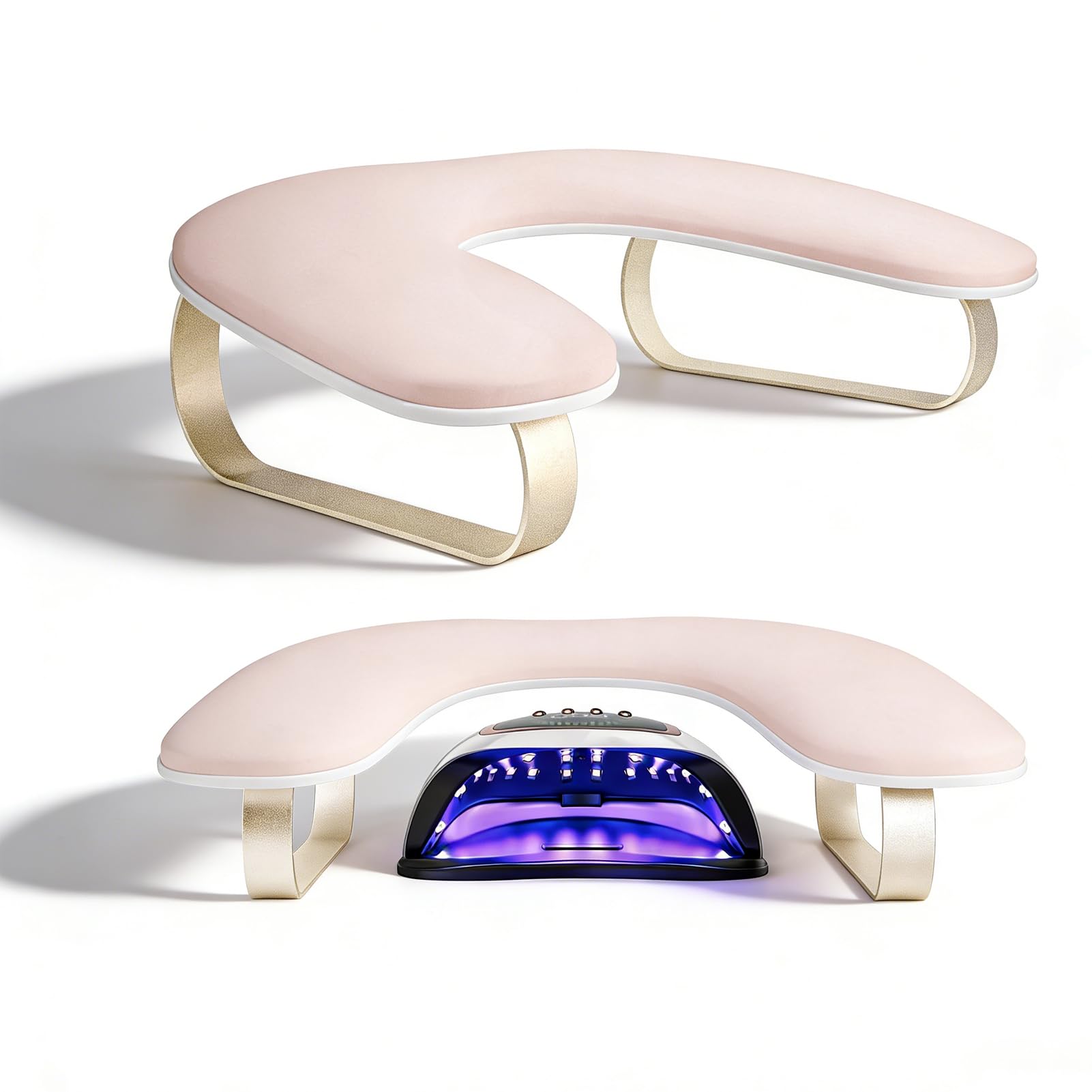 Upgraded U-Shaped Manicure Nail Arm Rest with 10° Incline, Pink and Gold