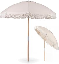 SPOTRAVEL 6FT Beach Parasol, Outdoor Tassel Sunshade with Push Button Tilt, 8 Ribs, UPF50+ Sun Protection Waterproof Umbrella for Garden Patio Market