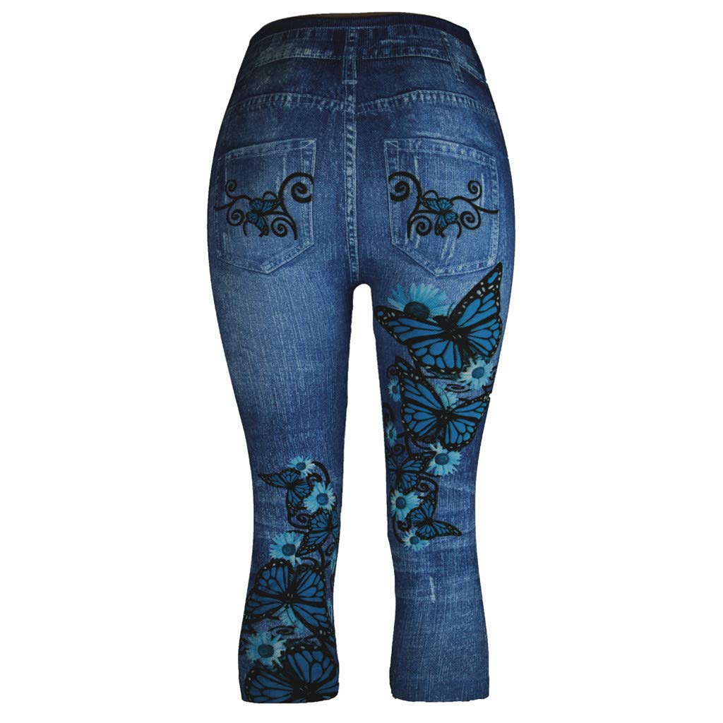 2025 Pantalones elásticos de cintura alta con estampado de mezclilla de siete pantalones para mujer pantalones de dibujos animados para mujer, azul oscuro, XL