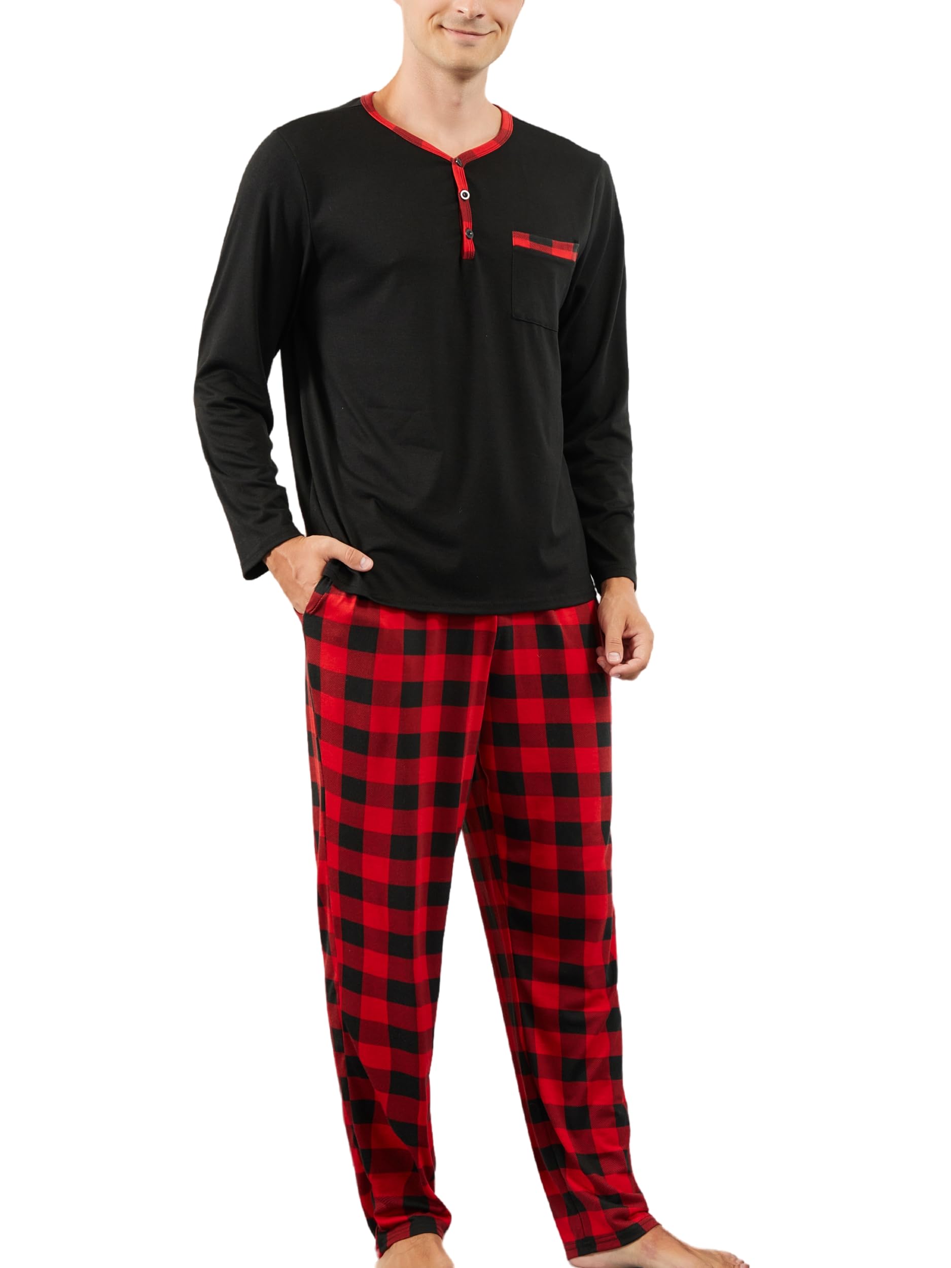 Yukiuiny Herren Schlafanzug Lang Baumwolle Pyjama Zweiteiliger Nightwear Set mit Knopfleiste Langarm Shirt Pyjamahose mit Tasche