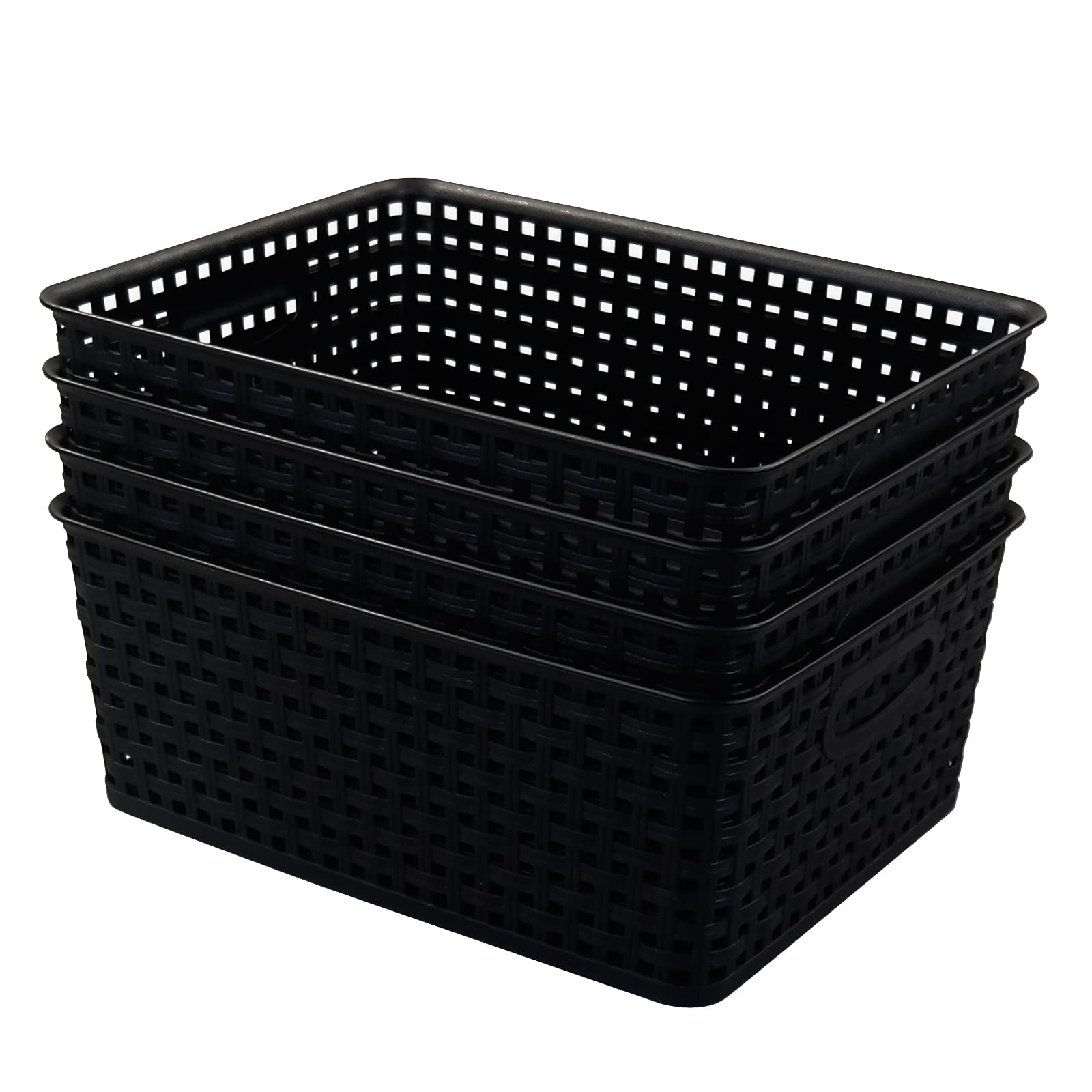 Asking 4-Pack Plastic Weave Storage Basket, Black Plastic Storage Baskets for Organizing