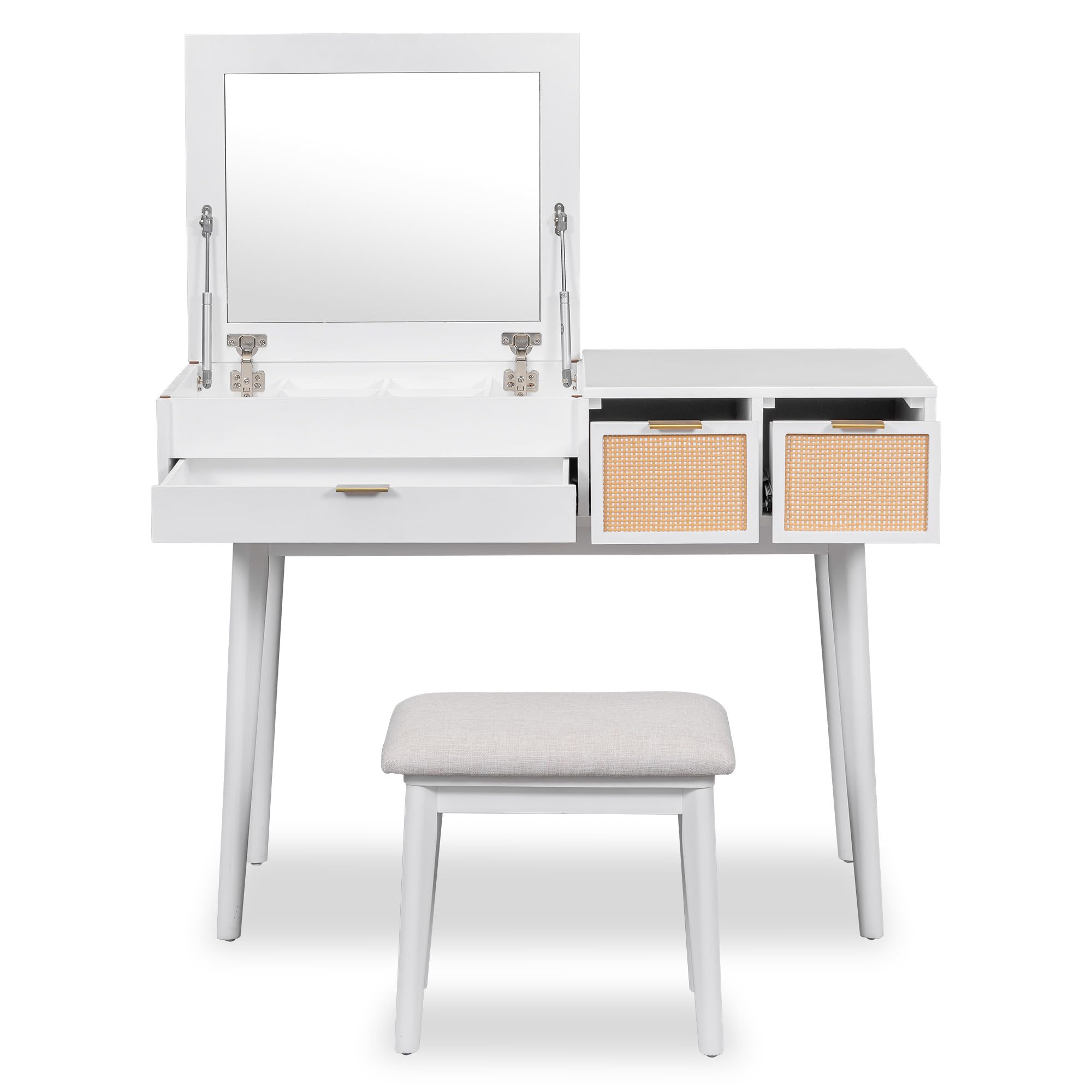 DOINUO 43.3" Makeup Vanity Desk with Flip-top Mirror & Drawers, Vanity Dressing Table with Storage Space and Cushioned Stool, Vanity Makeup Desk Set for Bedroom, White