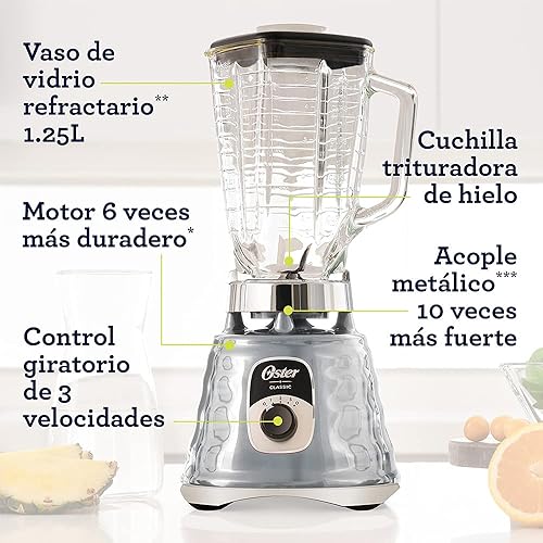 Miniatura 9 de Oster Licuadora cromada original de 3 velocidades, motor 6 veces más duradero, 10 veces más fuerte, tarro de vidrio de 5 tazas