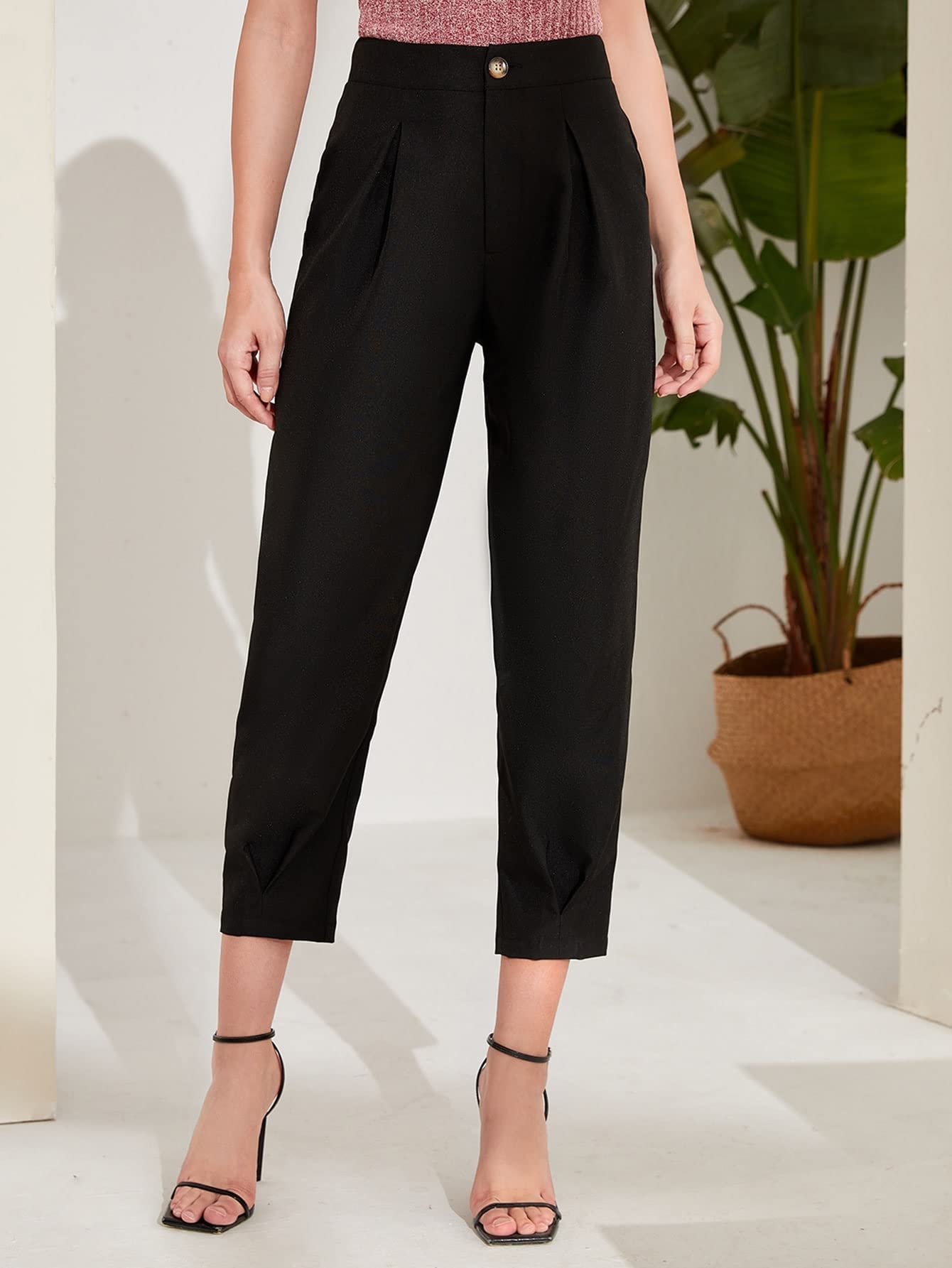 Womens Pants High Waist Fold Pleated Cropped Pants Work Casual Pants