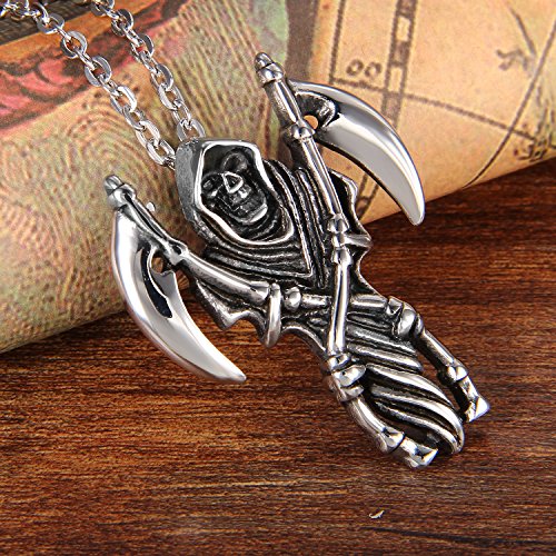 Cupimatch Edelstahl Totenkopf Azrael Sichel Anhänger mit 55cm Kette, Tod Schädel Halskette für Herren, schwarz Silber - 3