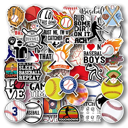 AOWDIAO 50 Pcs Baseball Stickers – Waterproof Vinyl Decals for Water Bottles, Laptops – Baseball Party Favors and Gifts for Kids?&?Teens