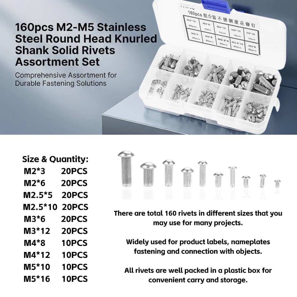 160pcs M2-M5 Rivetti solidi Kit Acciaio inossidabile Testa tonda Zigrinato zigrino Set completo di rivetti con contenitore