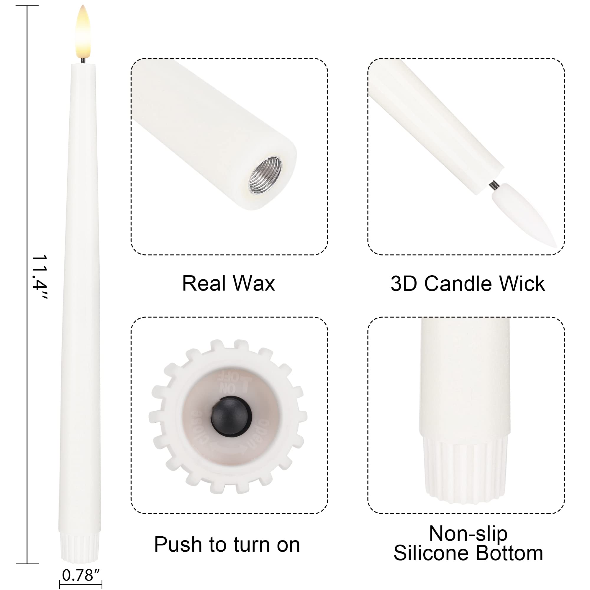 Candele coniche senza fiamma con stoppino 3D, candele LED in vera cera da 29 cm, con telecomando e timer, confezione da 3 candele tremolanti a batteria (bianco)
