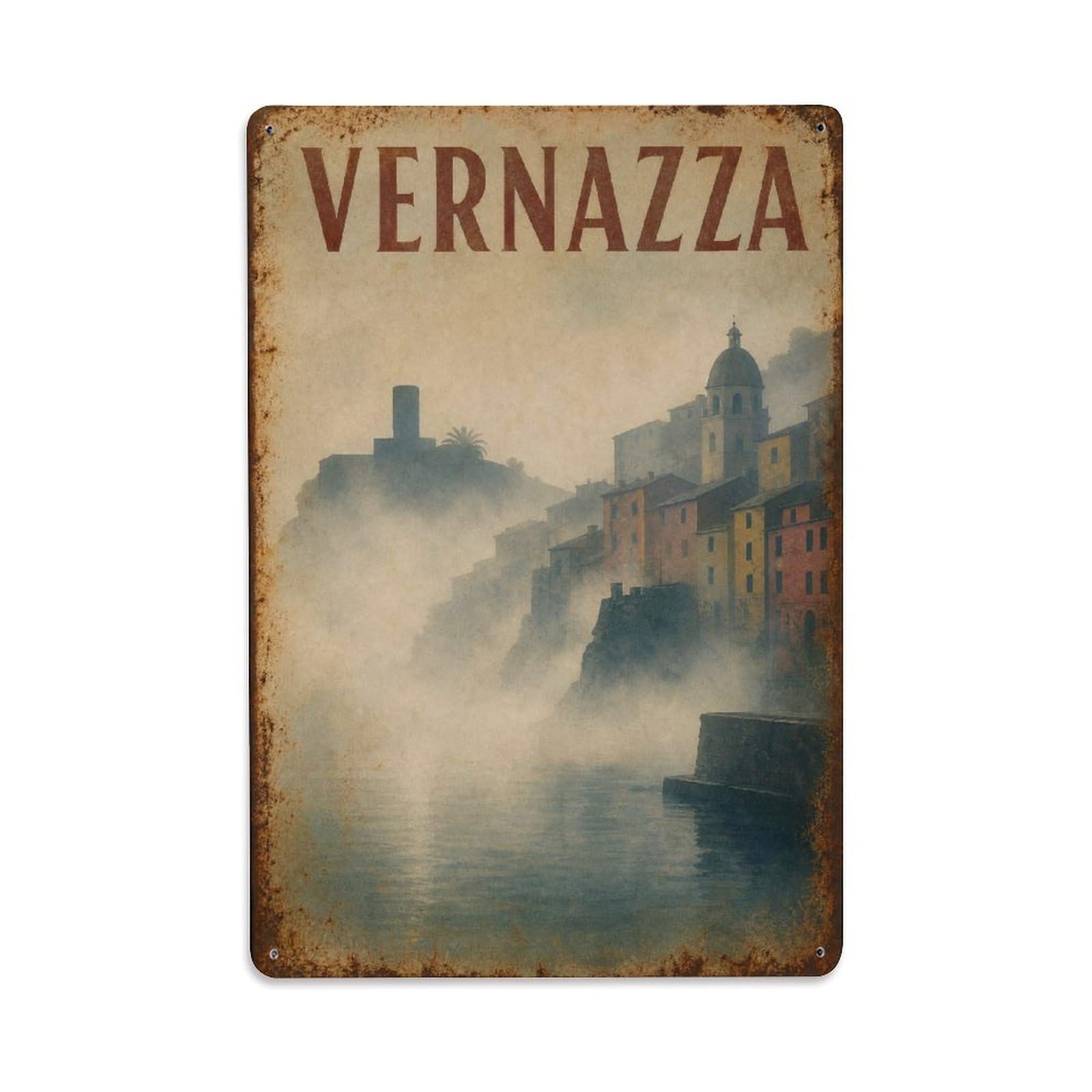 Huiyhb 8X12inch(20X30cm) Vintage Travel Vernazza Fog Misty Morning Atmospheric Italy Metal Tin Sign