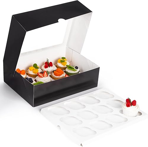 VGOODALL 6 recipientes para cupcakes con ventana, soporte negro para cupcakes con inserto de caja de pastelería, 12 unidades con capacidad para 72
