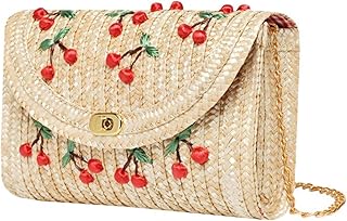 QTMY Summer Cherry Straw Messenger Bags Woven Day Clutch Flap Bag Beach Package Crossbody Chain Bags