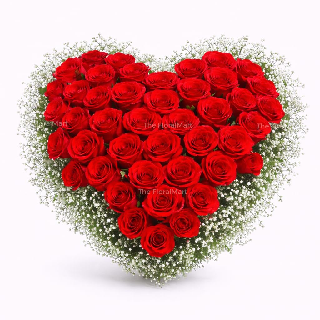 The FloralMart 50 Red Roses Fresh Flowers Heart Shape Arrangement with Seasonal Fillers, for Birthday Gift, Anniversary Gift, Wedding Gift, Valentines Gift, (Same Day Delivery)-picture-12