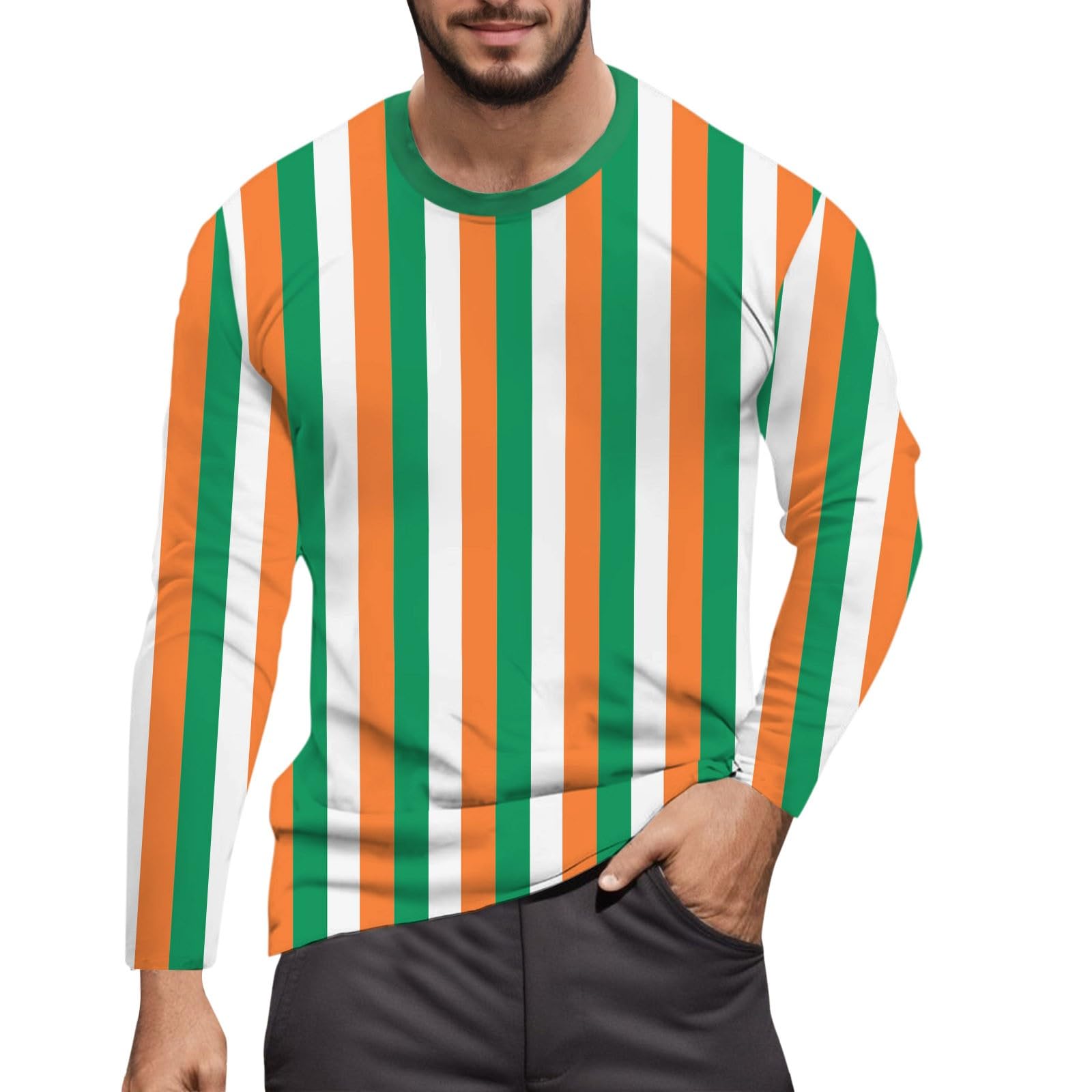 Striped Shirt Men Women Red White Long Sleeve T-Shirt Carnival Long Sleeve T-Shirt Horizontal Stripes Wide Stripes Fine Stripes Crew Neck Leisure Top Striped Shirt Fancy Dress Costumes, Green-3, XL