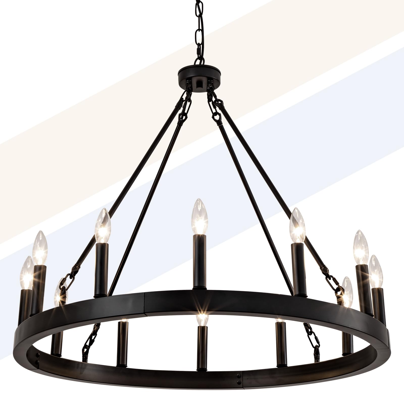 ZVL 12-Light Black Wagon Wheel Chandelier, 32 Inch Wagon Wheel Light Fixture Adjustable Height Round Iron Outdoor Chandeliers for Porch, Dining Room,