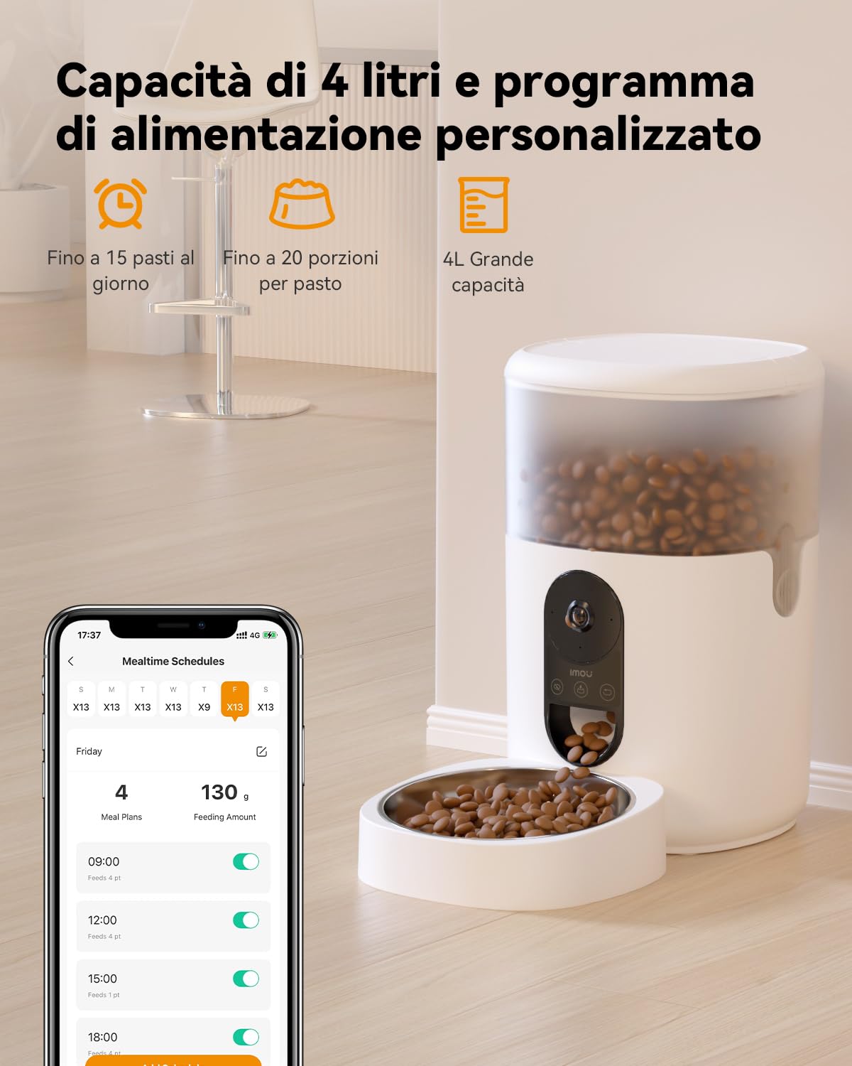 Imou 4L Distributore Automatico Cibo Gatti con 360° Telecamera, 4MP Distributore Automatico con Sensore per Cibo Basso, Tracciamento del Gatti/Cani, 2.4G WiFi, 1-15 Pasti/Giorno, Controllo APP