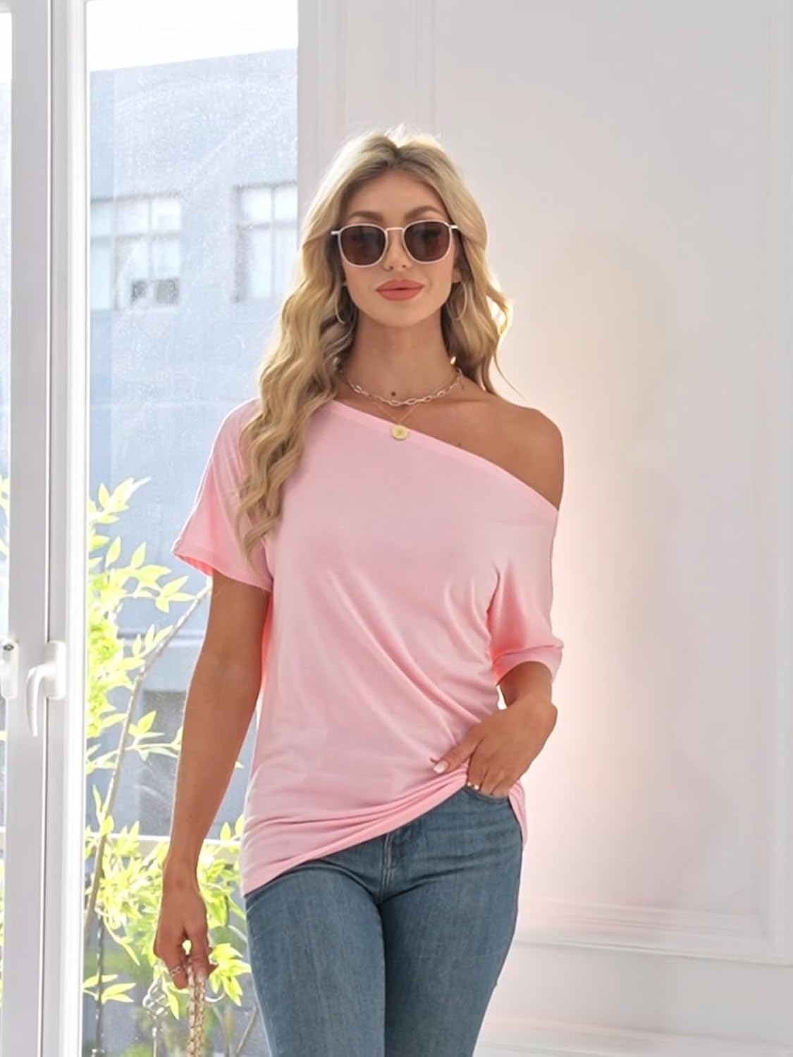 Off the Shoulder Tops for Women Short Sleeve Batwing Shirts Oversized Tee Tunic Summer Casual Loose Fit - Image 4