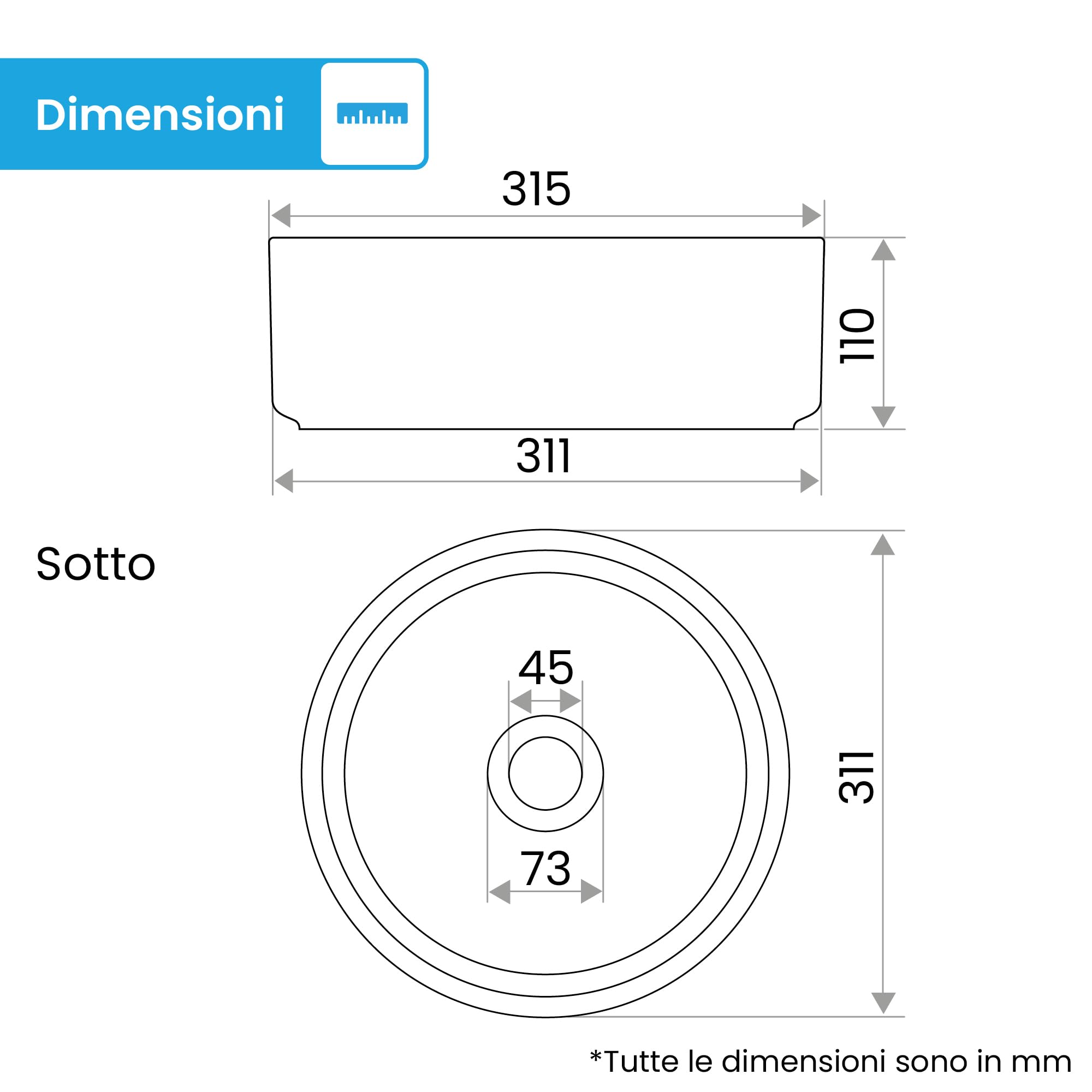 Bächlein Lavabo da appoggio Tamula (rotondo) – Lavabo in ceramica Ø 31,5 cm – Lavabo dal design moderno per bagno e WC – Lavabo di alta qualità in bianco