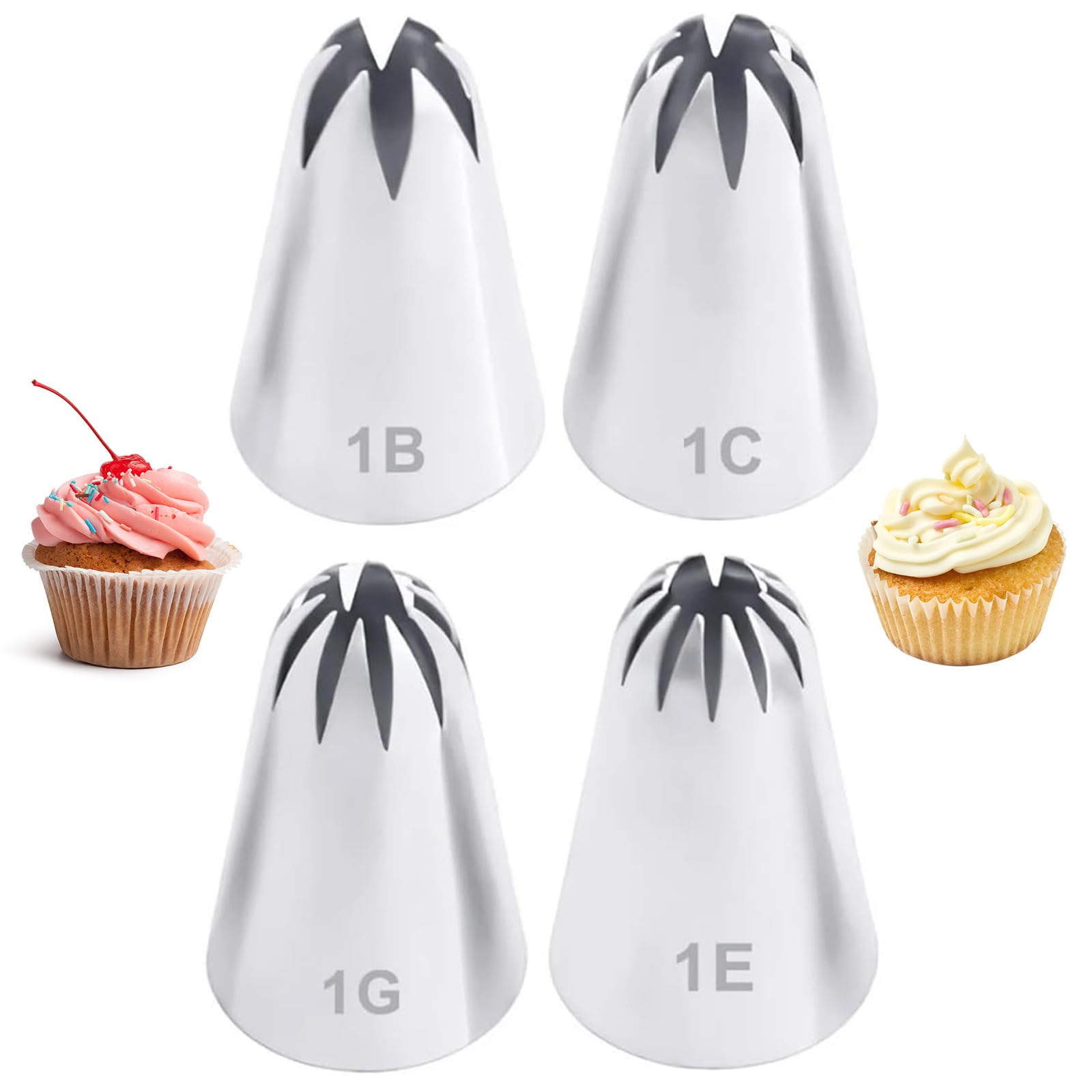 1B 1C 1E 1G Drop Flower Piping Tips,Extra Large Star Piping Nozzles Set for Shell,Swirl,Rosette,Cake & Cupcake Decorating,Closed Star,4 Pcs