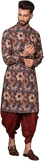 KISAH Men's Kurta Dhoti Set, Multi Cotton Blend, Printed Regular Fit Mandarin Collar Long Sleeves Price In India