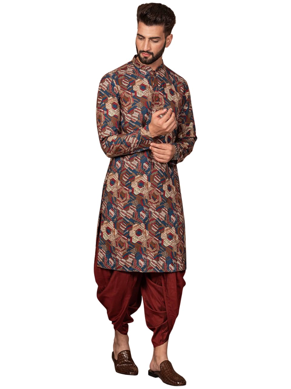 kisah Men's Kurta Dhoti Set, Multi Cotton Blend, Printed Regular Fit Mandarin Collar Long Sleeves-picture-34