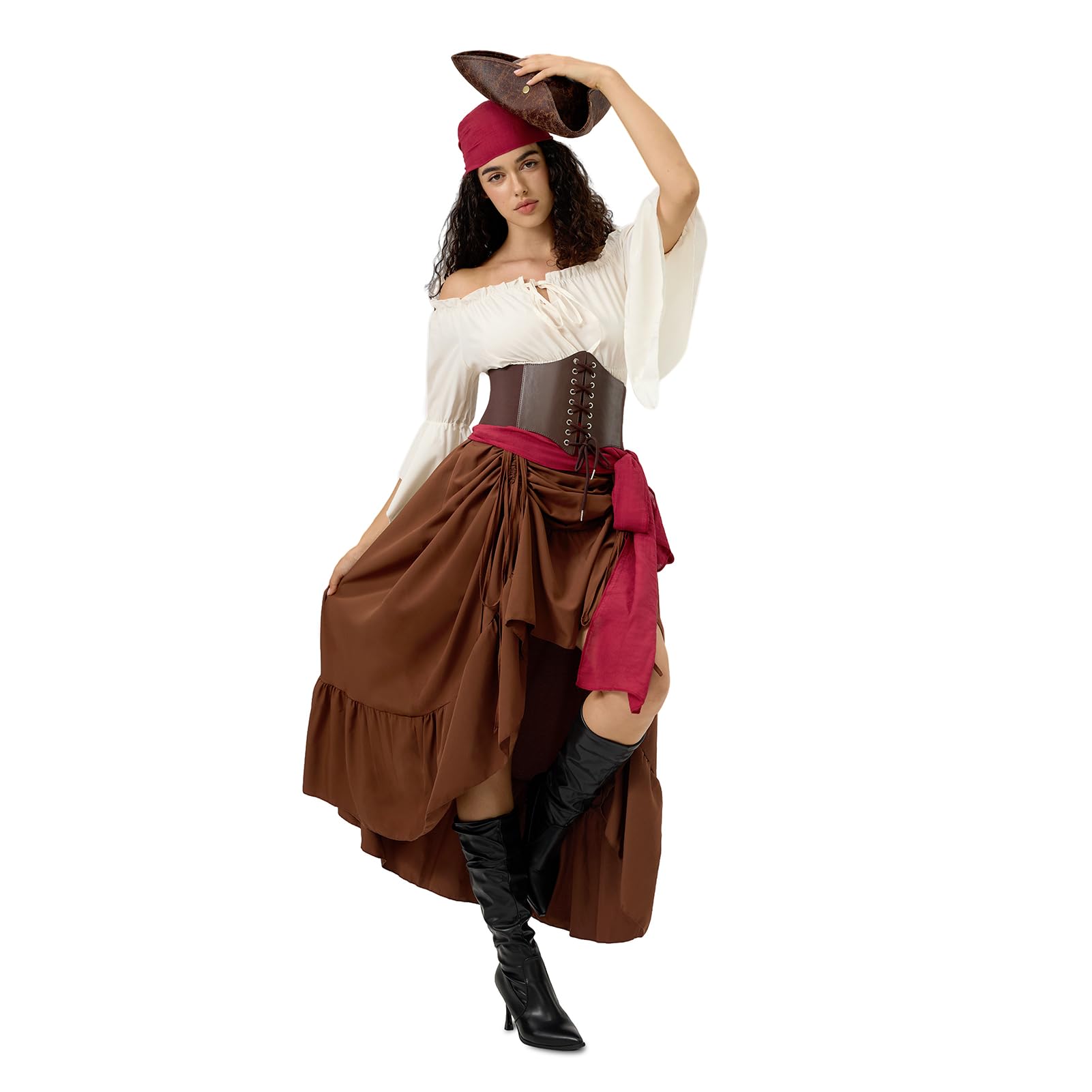 Piratenkostüm Damen, Mittelalter Piraten Kostüm Set, mit Piraten Accessoires Piraten Kopftuch, Taillengürtel, Mittelalter Kleid Damen mit Piraten Korsett, für Karneval Fasching, Halloween, Mottoparty