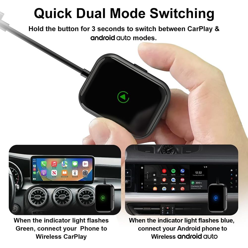 Adaptador Inalámbrico CarPlay y para Android Auto: Solución 2 en 1 Conectar y Usar Que Convierte Sistemas Cableados en Inalámbricos.