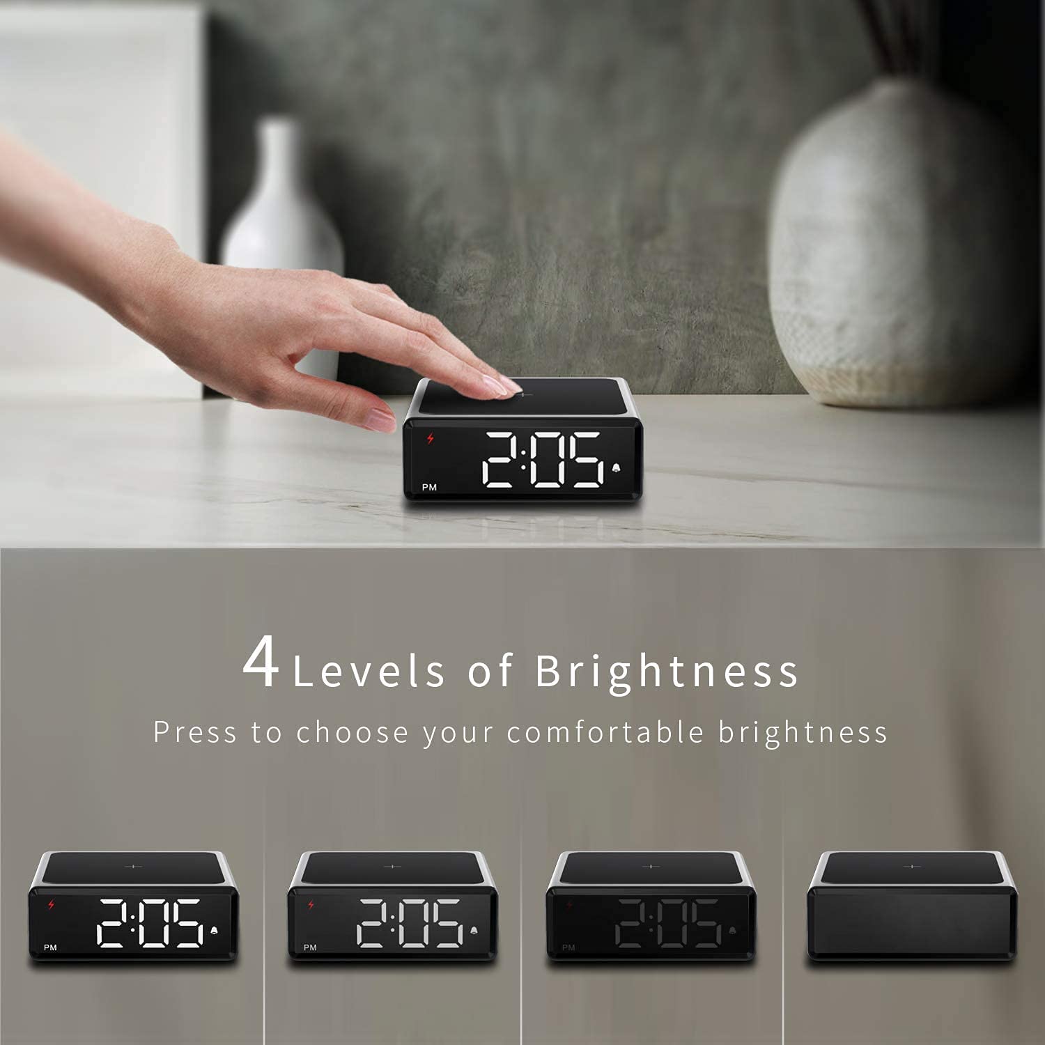 Pequeño Reloj de Alarma de Metal con Carga inalámbrica Qi - Clear Digital DIRIGIÓ Pantalla con 4 Brillo 12/44H Snooze for la Oficina de Noche de Dormitorio, Compatible con (Plata)