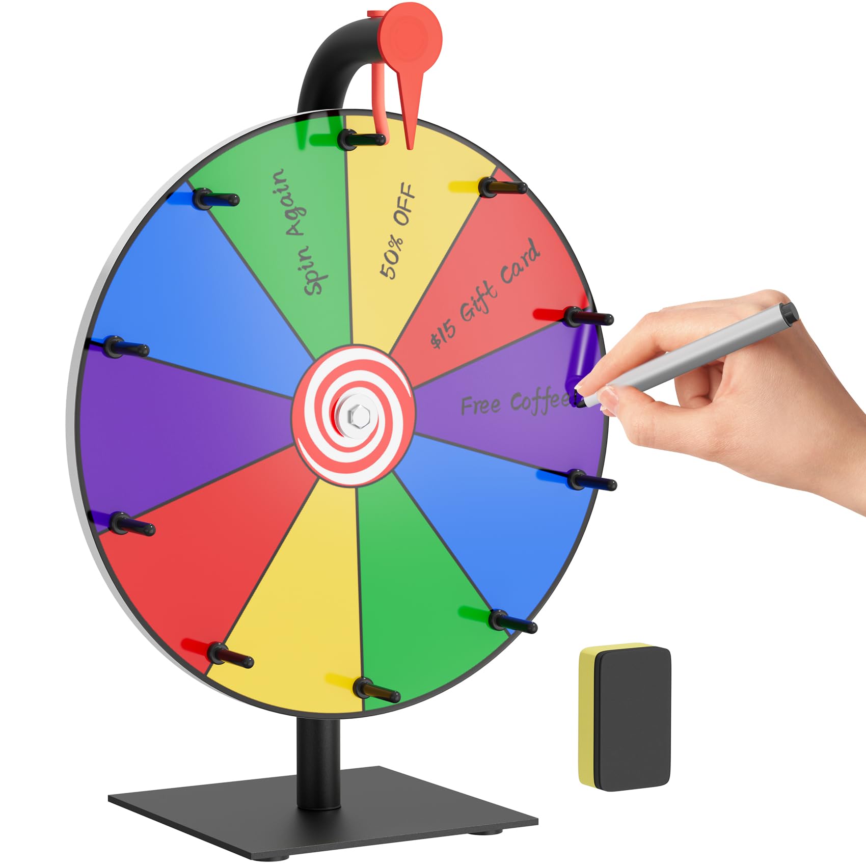 12 Inch 10 Slots Prize Wheel Spinner with Stand, Spinning Wheel for Prizes with Dry Erase Marker &amp; Eraser, Portable Spin Wheel of Fortune Game Roulette Wheel for Home Parties, Carnival, Trade Show