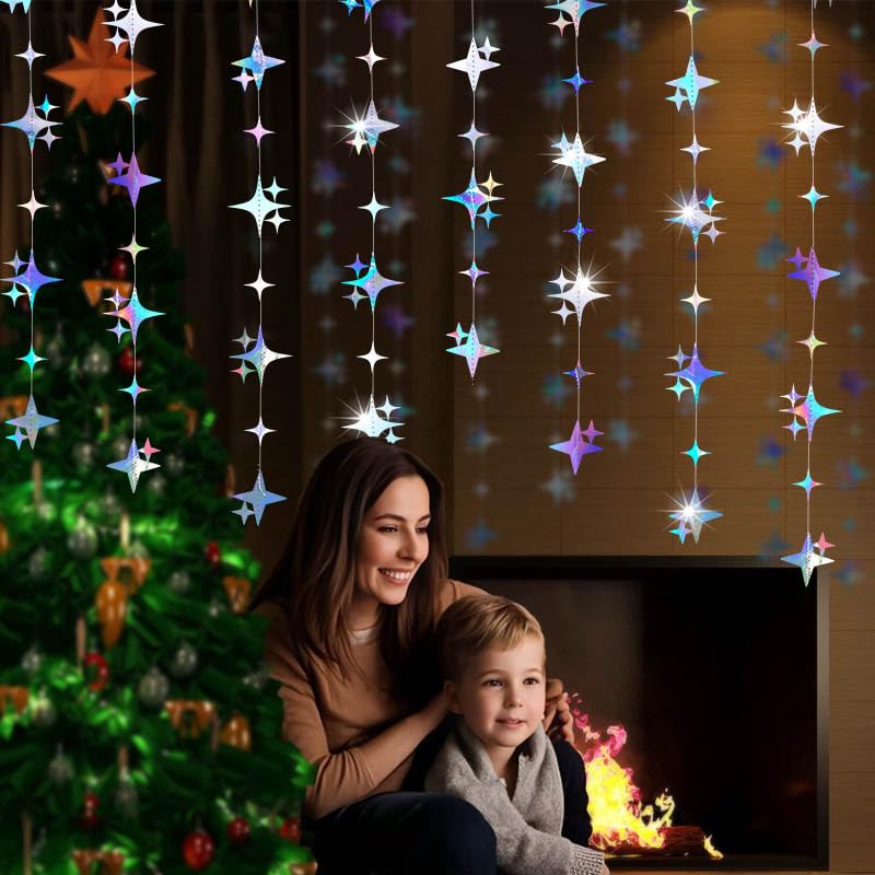 Image of Glitter Iridescent Four-Angle Star Paper Garland Banner Decor 40 Feet Iridescent Twinkle Star Hanging Bunting Banner Backdrop for Wedding Baby Shower Birthday Graduation Disco Party Decorations