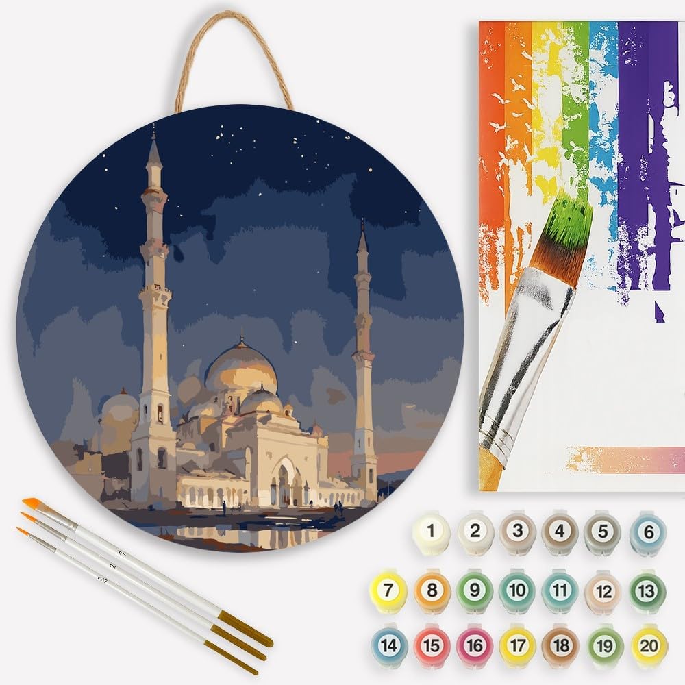 Islamic Architecture Paint by Numbers Kit for Adults – DIY Golden-Domed Mosque Painting on Canvas 12x16In, Framed Acrylic Paint Set, Suitable for Beginners, Art for Home Decoration or Gifts