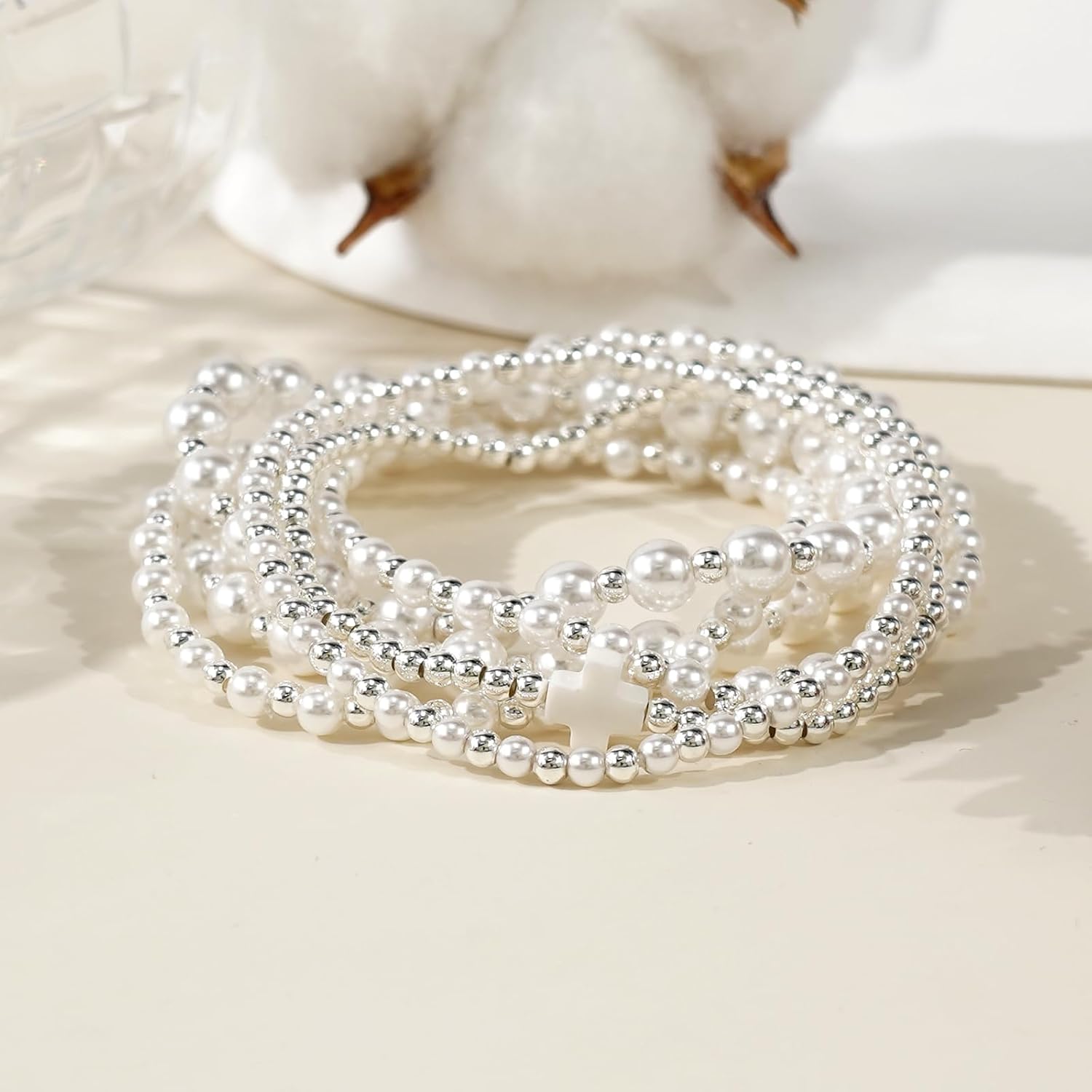 Silver Gold Beaded Bracelets for Women Stackable 14K Gold Plated Beads Ball Cross Bracelet Stack Non Tarnish Elastic Stretch Trendy Jewelry Christian Friendship Christmas Gifts for Women