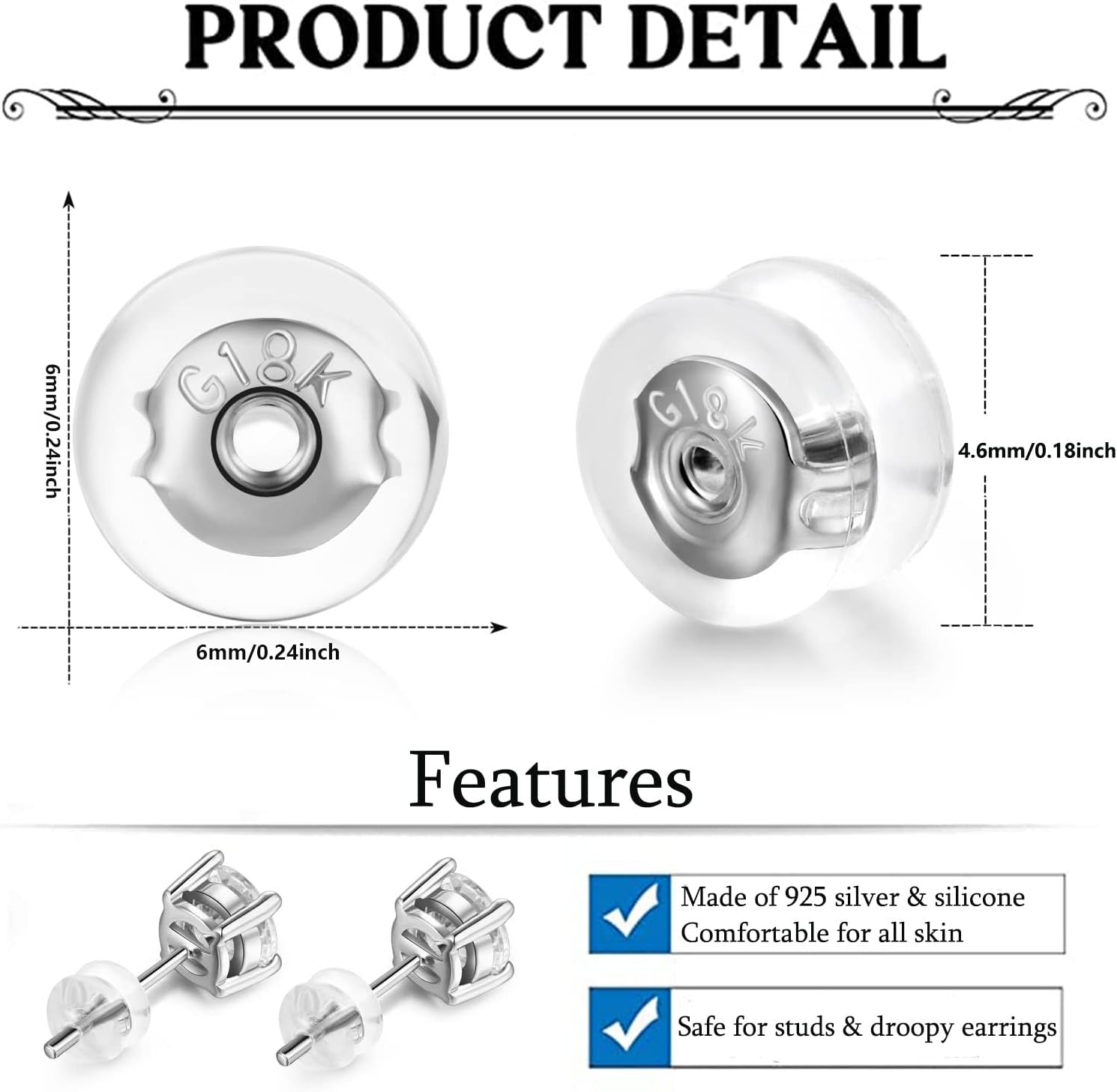Earring Backs 18K Gold Locking Silicone Earring Backs Replacements for Studs/Droopy Ears/Heavy Earrings, No-Irritate Hypoallergenice Backings for Women Men Transparency White Color - Image 2