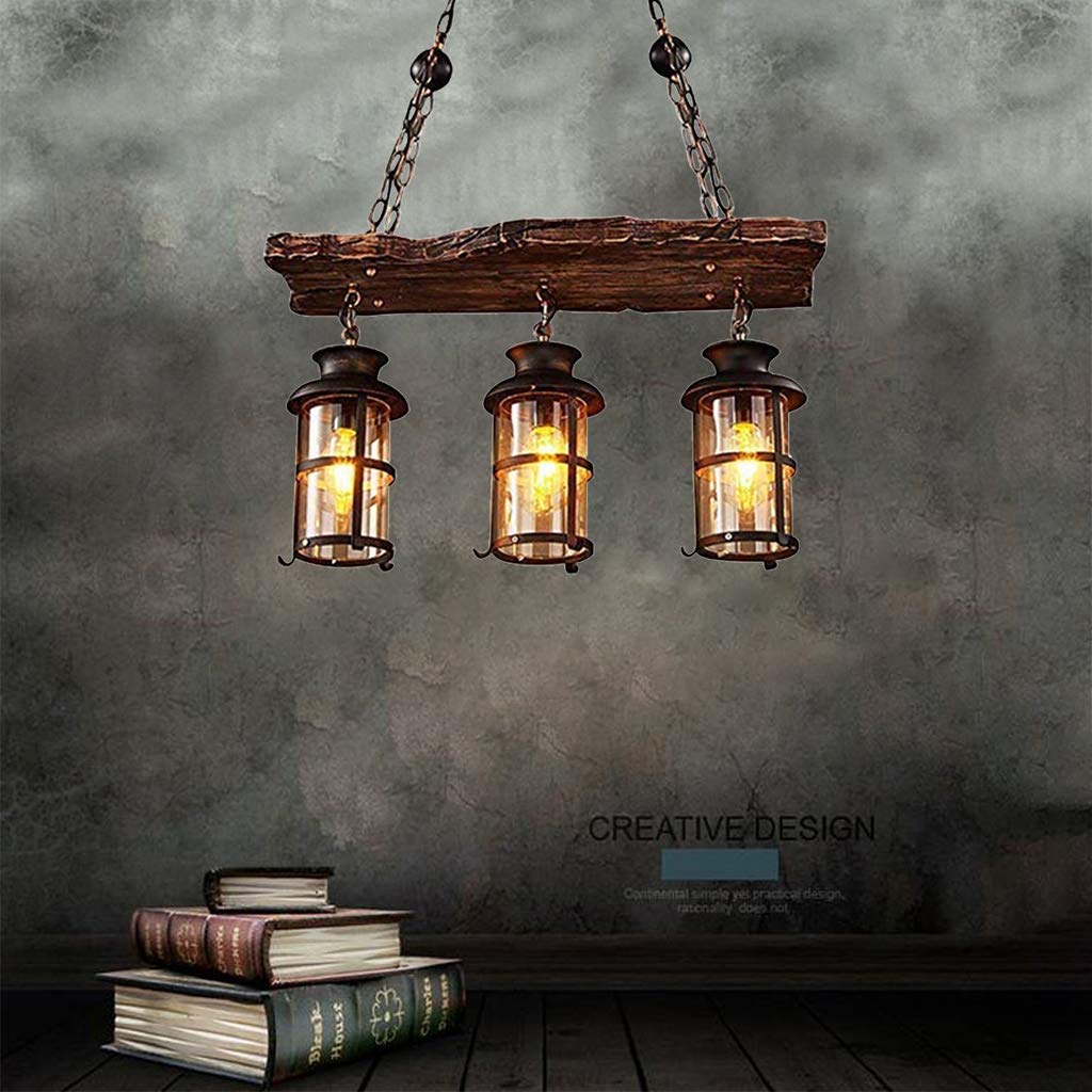 Lámpara Pendiente de La Vendimia de Metal Negro Lámpara de Techo de Vidrio Industrial y Madera Rústica Candelabros Altura Ajustable Para E27 Bombilla Para La Cocina Habitación Salón Lámpara Colgante