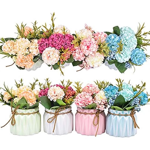 XONOR Artificial Flower Plants – Mini Fake Hydrangea Flowers in Pot for Home Decor Party Wedding Office Patio Table Desk Decoration, Set of 4, 3.3''(D) x 5.5''(H) Cover