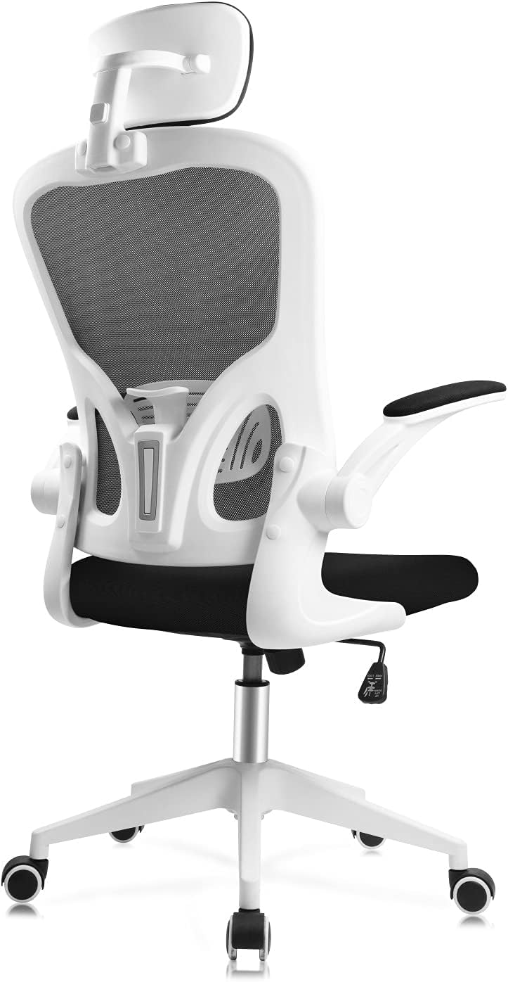 Office Chair Mesh Computer Chair with Adjustable Headrest and Lumbar Support Desk Chair Ergonomic Office Chair with Flip-up Armrest for Home Office Study (White)