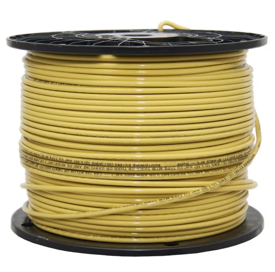 12 Gauge THHN Copper Stranded, 500 Foot Reel, Yellow, 12 AWG, Up to 600 Volt Rated, UL Listed, Rated THHN and THWN, Thermoplastic Insulation/Nylon Sheath, Heat, Moisture, Gasoline and Oil Resistant II