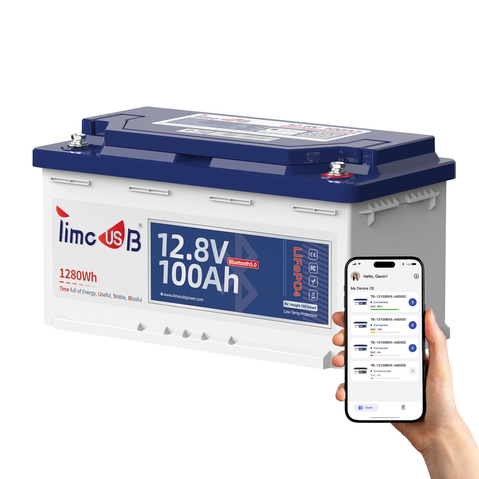 Timeusb Batterie LiFePO4 12V 100Ah H190 Bluetooth pour Camping-car