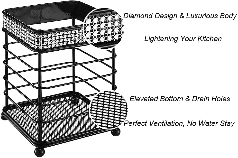 American Dream Kitchen Wire Utensil Holder with Diamond Decor, 6.5''x4.72'' Square Drain Utensil Holder for Countertop, Cooking Utensil Organizer