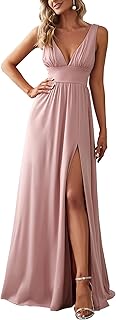 Women's Bridesmaid Dresses Deep V-Neck Sleeveless Side Slit Floor Length Wedding Guest Dress 0168B