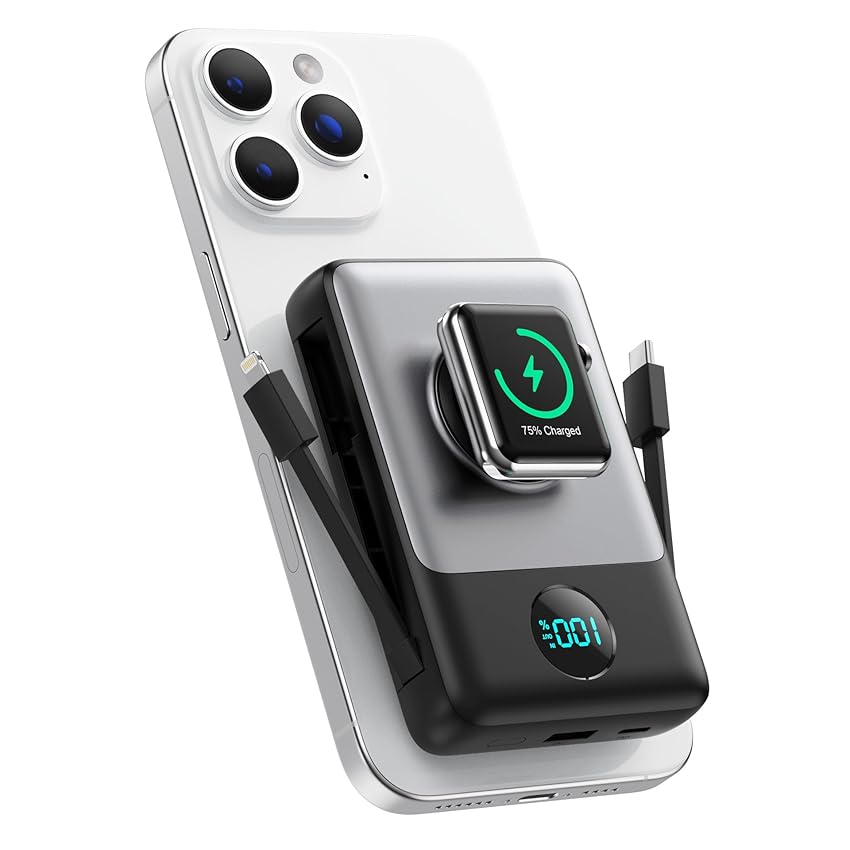Magnetico Power Bank con Cavi Integrati per MagSafe, 10800mAh Wireless Caricatore Portatile QC4.0+25W PD Ricarica Rapida USB C Batteria Esterna con LED Display per Apple WatchPhone 17/16/15/14/13/12
