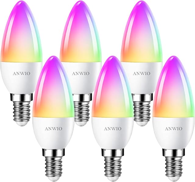 ANWIO E14 Candle Smart WiFi LED Bulb, C37 Dimmable RGB Bulbs,470Lm, 5W Replace 40 Watt Alexa Candle Light Bulb,Light Changing Bulb,Google Assistant,E14 Remote Control Bulb (6 Pack)