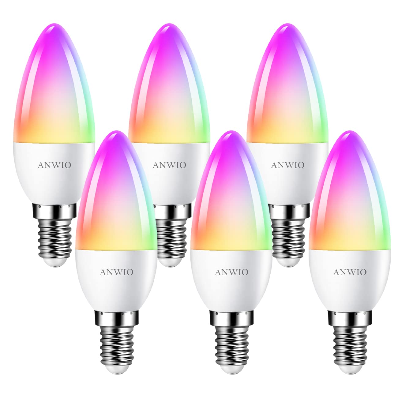 ANWIO Lampadina Alexa, Lampadina Smart,5W Equivalenti a 40W,470Lm,C37, Lampada Smart Wifi E14 con Telecomando Compatibile con Alexa, Echo and Google Assistant, RGB Intelligente Dimmerabile,6 Pcs