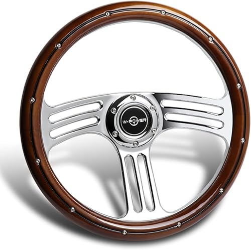 W-Power, 14 pulgadas universal 13.780 in 6 agujeros para pernos 2.5 pulgadas, estilo vintage de madera oscura con volante de madera oscura pulida de