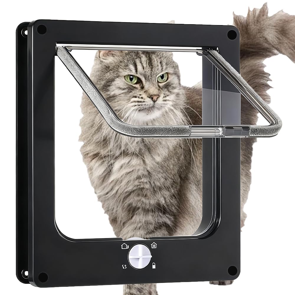 Rnpkz Black Cat Flap, 23.5X27x5.5cm Large Cat Door, Weatherproof Pet Door, Pet Flap, 4 Way Locking With Magnets Cat Flap Door For Interior Exterior Door, Window, Wall, For Cats And Small Dogs (, L)
