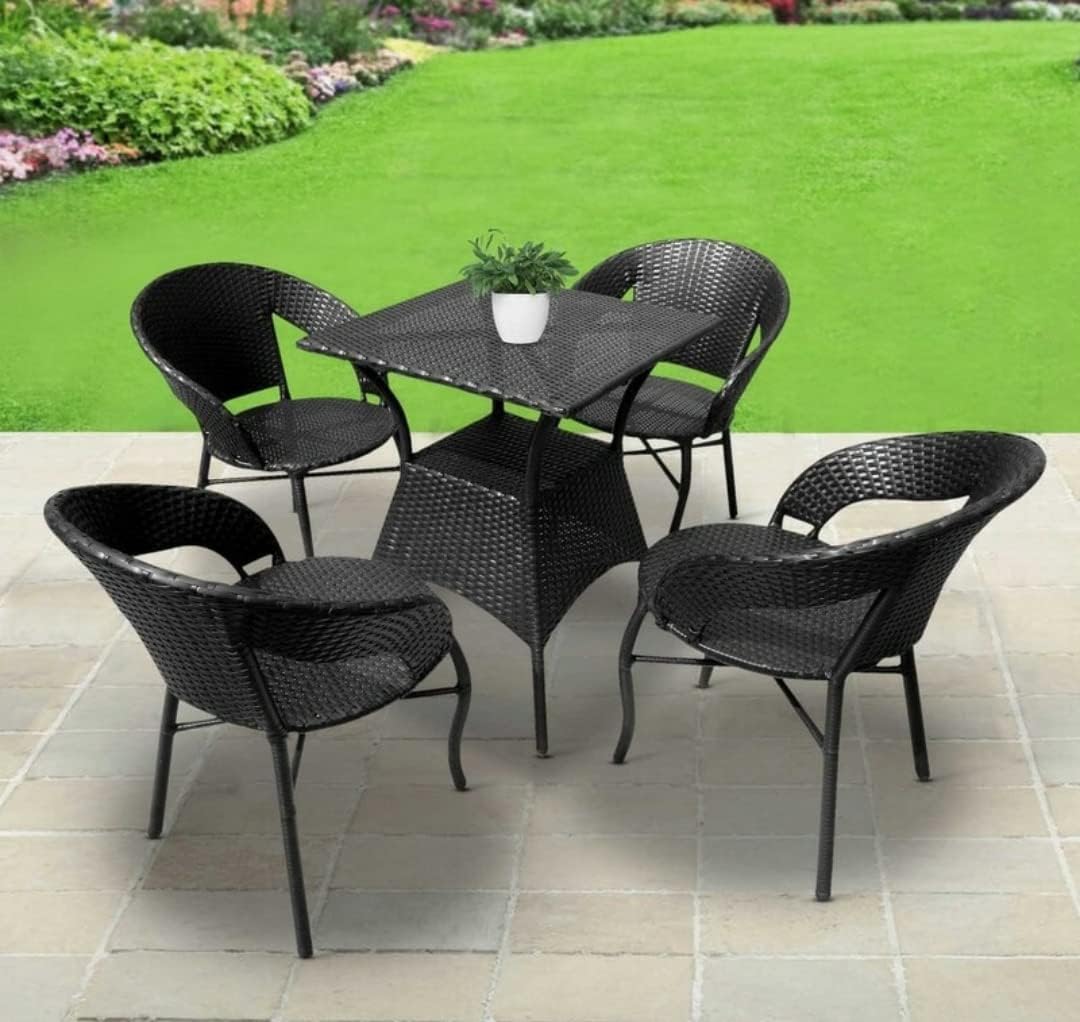 outdoor 5 piece all weather wicker patio rattan chair and table set with powder coated iron frame for balcony, garden, poolside, deck. (d-12 black sqr table 4+1)