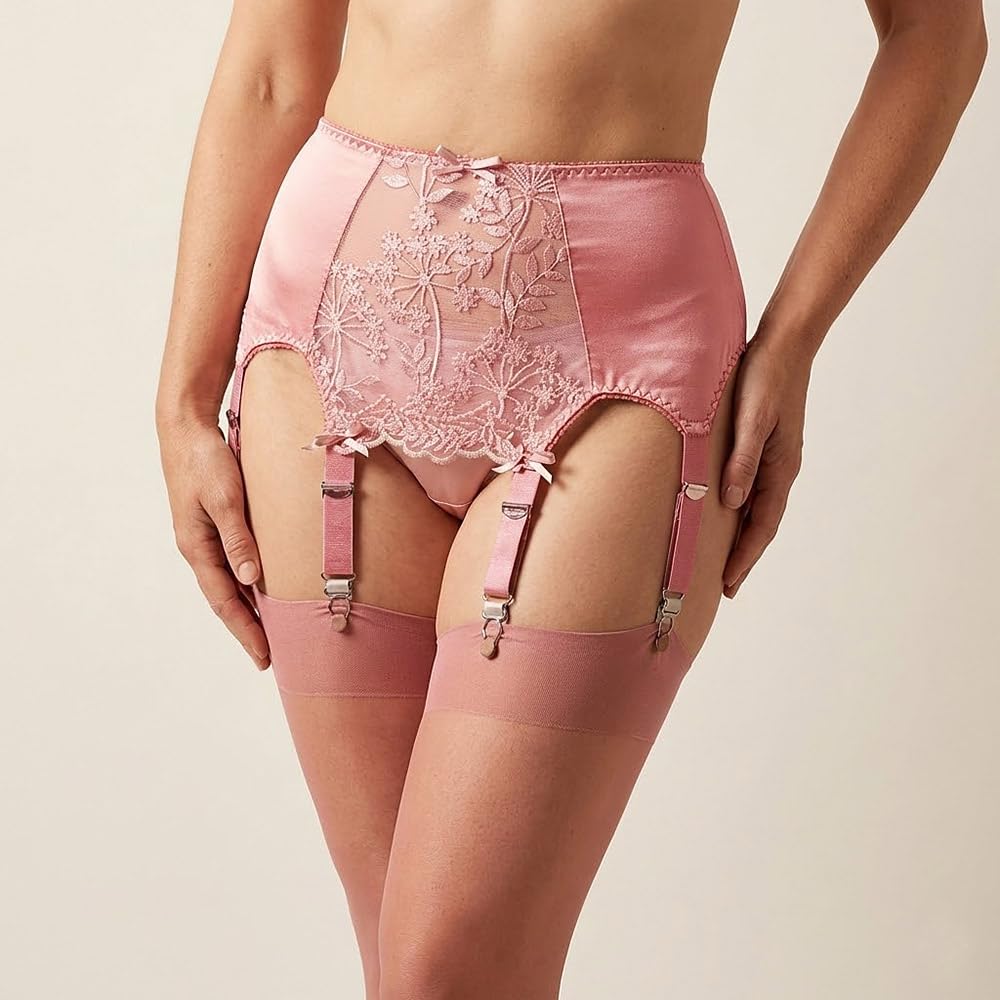 Ceinture porte-jarretelles 8 bretelles rose avec panneau avant en dentelle et clips métalliques
