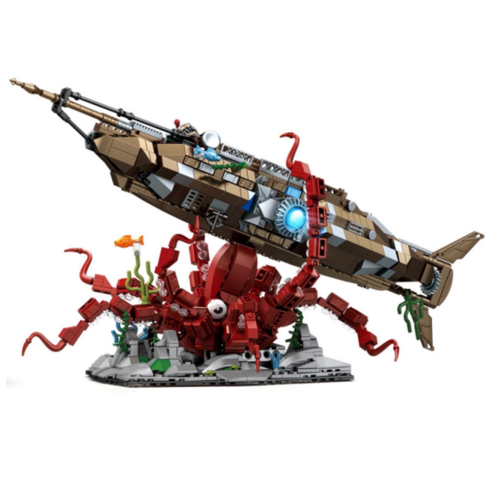 Fuleying Nautilus Submarine Building Set for Adults, 1190 Pieces Under Sea Adventure Scene Brick Kit with Giant Octopus Base & Submarine, Mechanical Model for Home Office Decor, Gift for Sci-Fi Fans