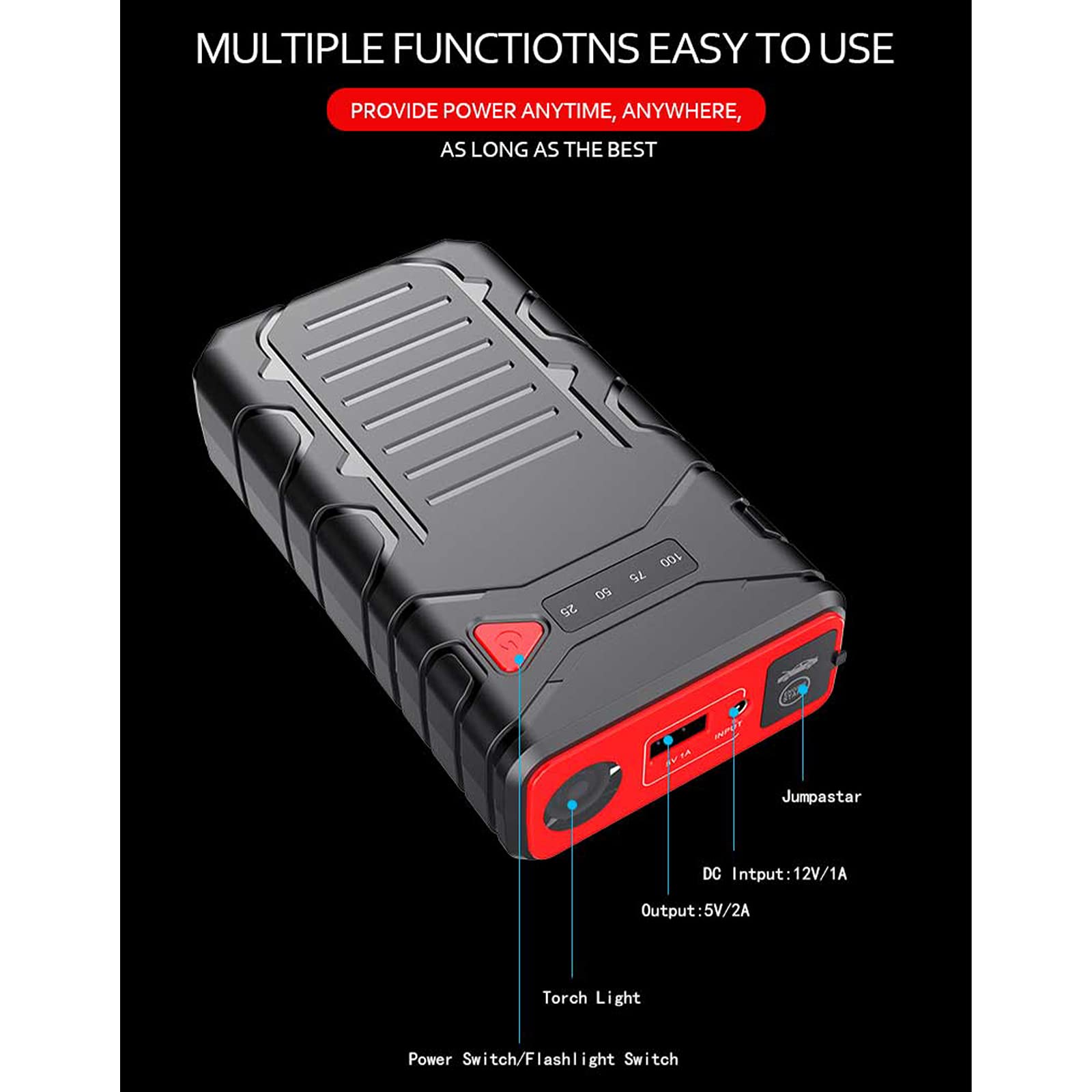 Démarreur de Batterie pour Voiture Booster Power Car Jump Starter Chargeur sans Fil Portable 2200A 30000mAh Adaptateur Secteur avec Flash LED