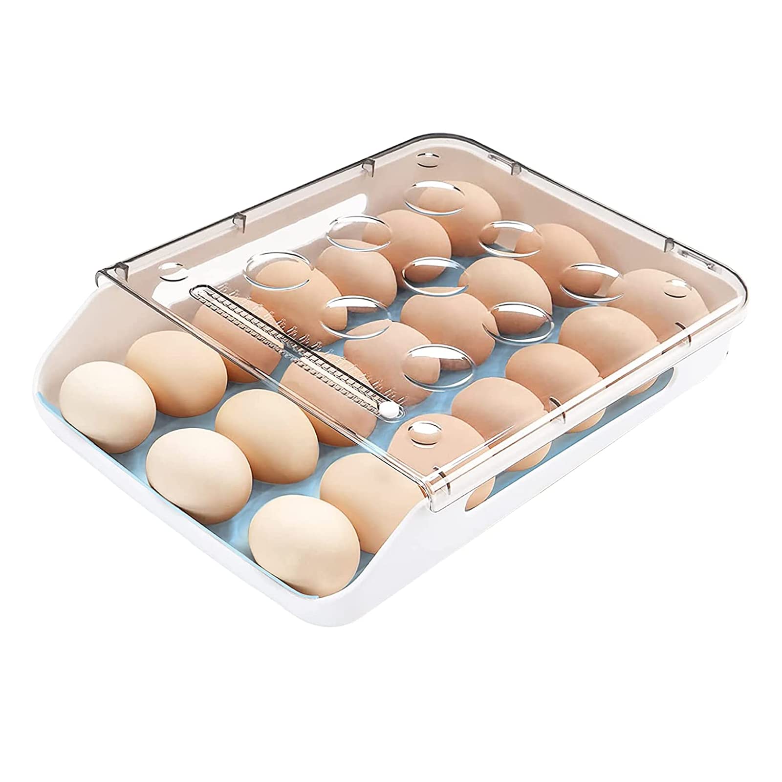 BigTronLarge Capacity Egg Container for Refrigerator, 21 Egg Holder for Refrigerator, Plastic Egg Holder Auto Scrolling Deviled Egg Tray Household Egg Fresh Storage Box for Fridge (Blue)…