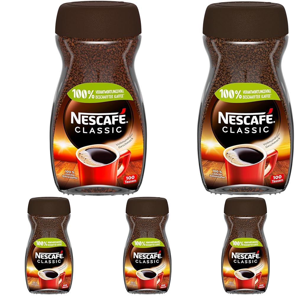 NESCAFÉ CLASSIC, löslicher Bohnenkaffee aus mitteldunkel gerösteten Kaffeebohnen, kräftiger Geschmack & intensives Aroma, koffeinhaltig, 5er Pack (1 x 200g)